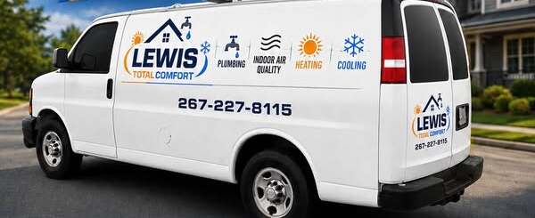 Lewis Total Comfort branded service van with service icons and phone number 267-227-8115